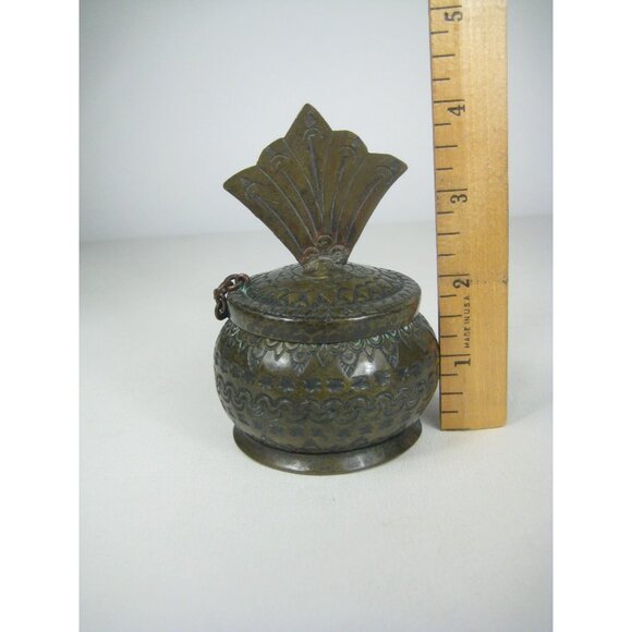 Vintage Brass Ornate Hinged Lidded Container Fan Handle Geometric Pattern - Picture 2 of 10